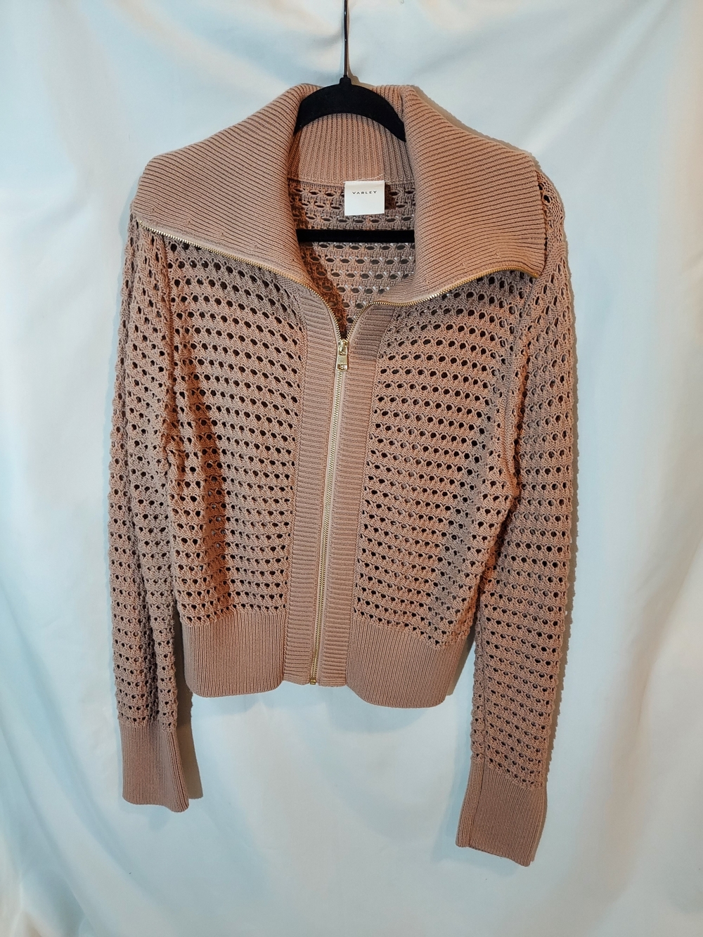 Varley Eloise Full Zip Knit Cardigan Sweater Open Stitch Warm Taupe Size M